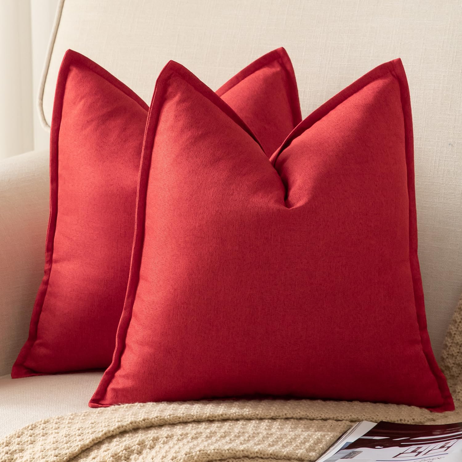 YAERTUN Pack of 2 Decorative Linen Soild Cushion Covers Farmhouse Neutral Throw Pillow Cases for Chair Couch Sofa Bedroom Living Room Home Decor 20 x 20 Inch 50x50 cm Red
