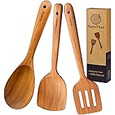 SarnThai Premium Teak Kitchen Utensil Set – 3 Piece Handmade Wooden Spatula & Spoon, Eco-Friendly Teak Cooking Tools for Nonstick Pans, Wooden Spoons for Cooking