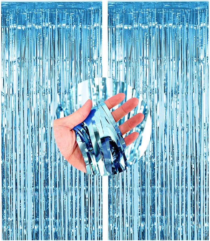 SZMAITOU Set of 2 Foil Fringe Curtain Shimmer Metallic Tinsel Fringe Curtains for Birthday, Christmas, New Years, Weddings Party Decorations Door Window Party Supplies - Aqua Blue