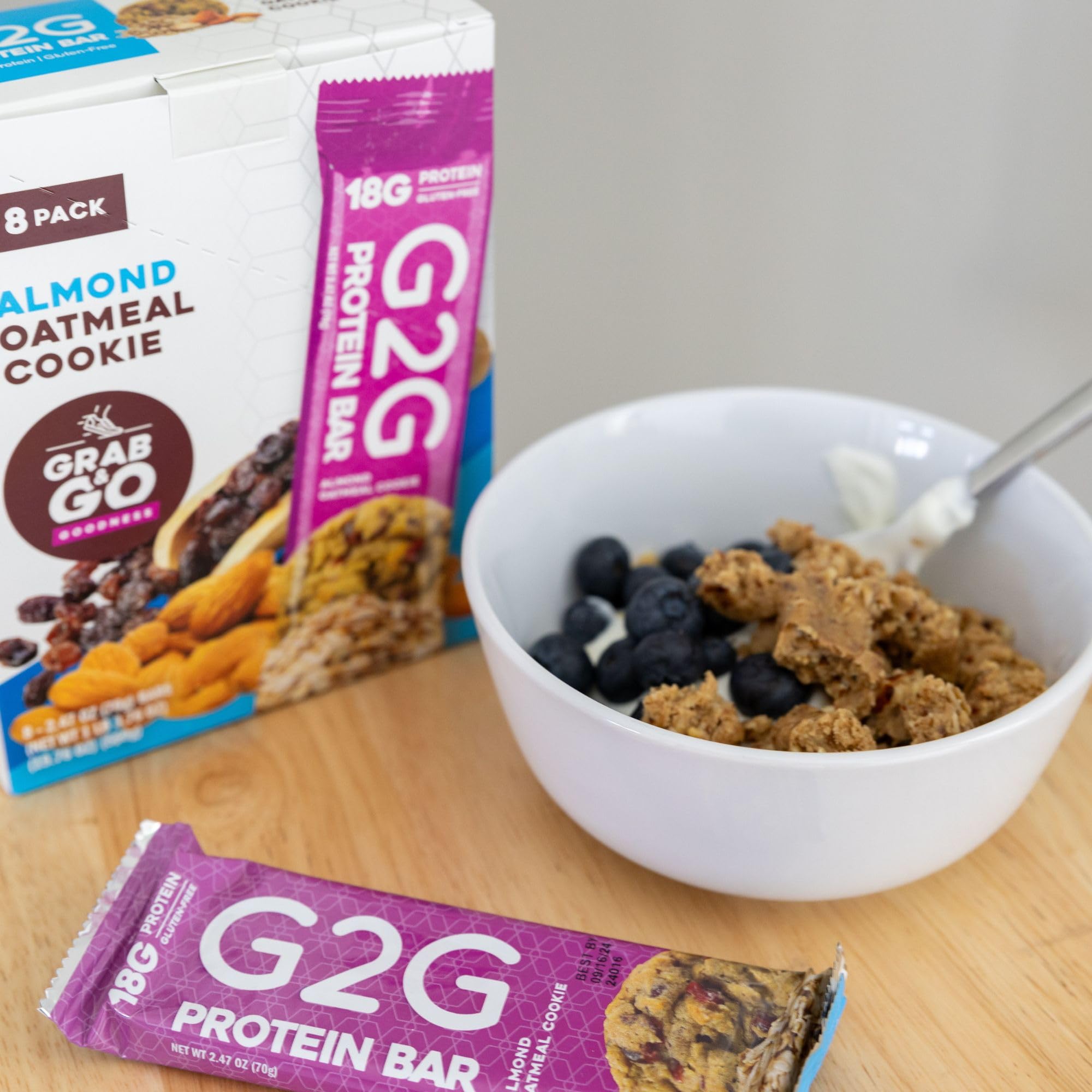 G2G Protein Bar, Almond Oatmeal Cookie, Real Food Ingredients, Refrigerated for Freshness, Healthy Snack, Delicious Meal Replacement, Gluten-Free, 8 Count (Pack of 8)