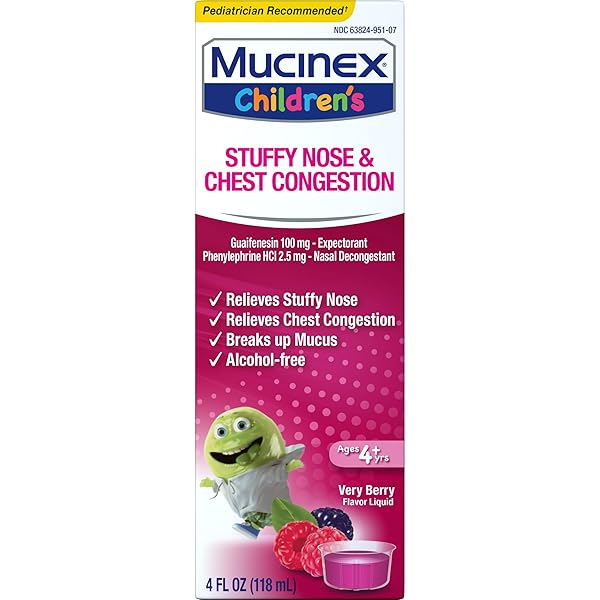 MUCINEX CHILDREN’S STUFFY NOSE & CHEST CONGESTION, MULTI-SYMPTOM RELIEF, EXPECTORANT, NASAL DECONGESTANT, VERY BERRY FLAVOR, 4 FL OZ