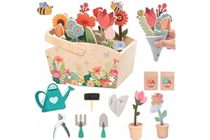 GNAYUIJ Wooden Pretend Play Toy Gardening Box-30 Pieces Wood Flower & Garden Tool Sets for Toddler 3 4 5 6 Year Old,Kids Educational Learning Toy,Girls Birthday Gift