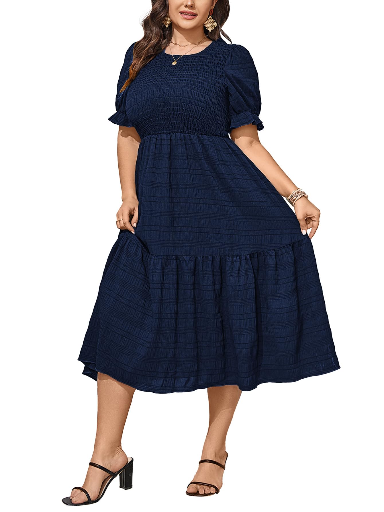 Photo 1 of SCOMCHIC Womens Plus Size Summer Dresses 2025 Casual Puff Short Sleeve Crewneck Smocked Flowy Ruffle Boho Party Maxi Dress Navyblue
