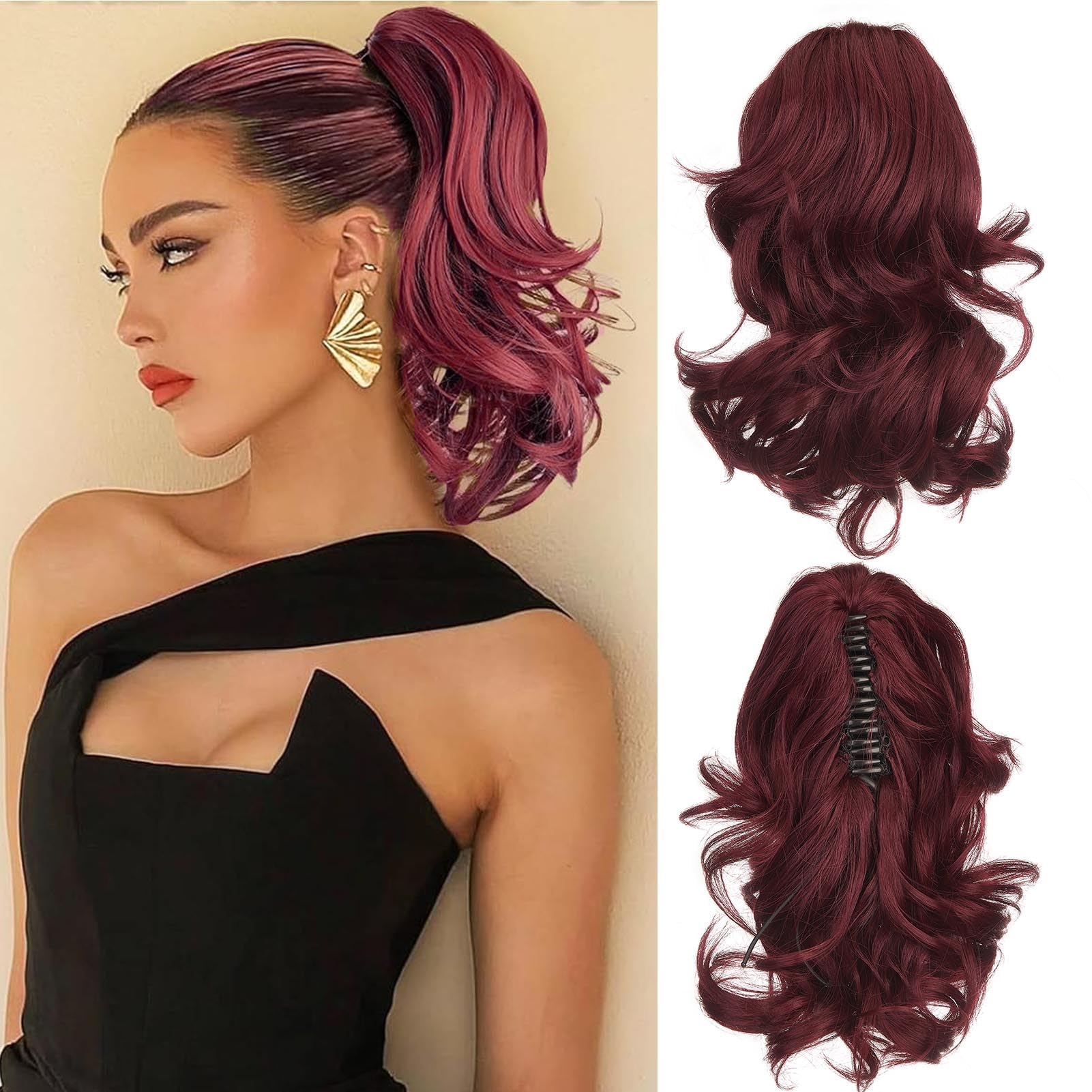 Cybelleza 14 inch Ponytail Hair Extension Curly Wavy Claw Jaw on Long Short Cute Pony Tails Clip in Hair Extensions Ponytail Hairpieces Synthetic for Women, Wine Red