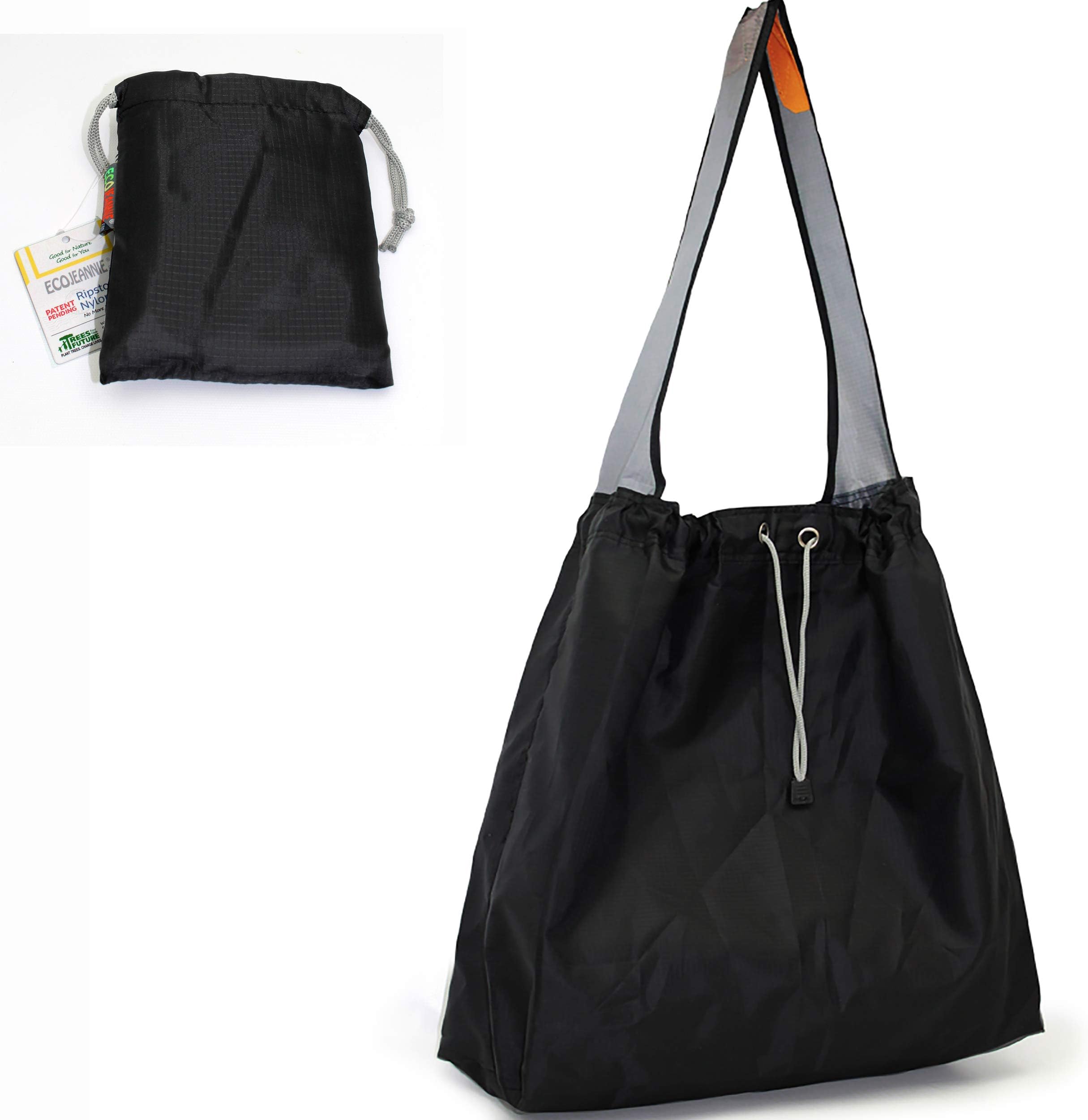 EcoJeannie1 Pack Ripstop Nylon Foldable Reusable Grocery Shopping Bag with Pouch & Inner Pocket, Draw-String