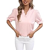 Famulily Women's Casual Cute Short Puff Sleeve Tunic Tops V Neck Ruffle Textured Fabric Pink Blouse L