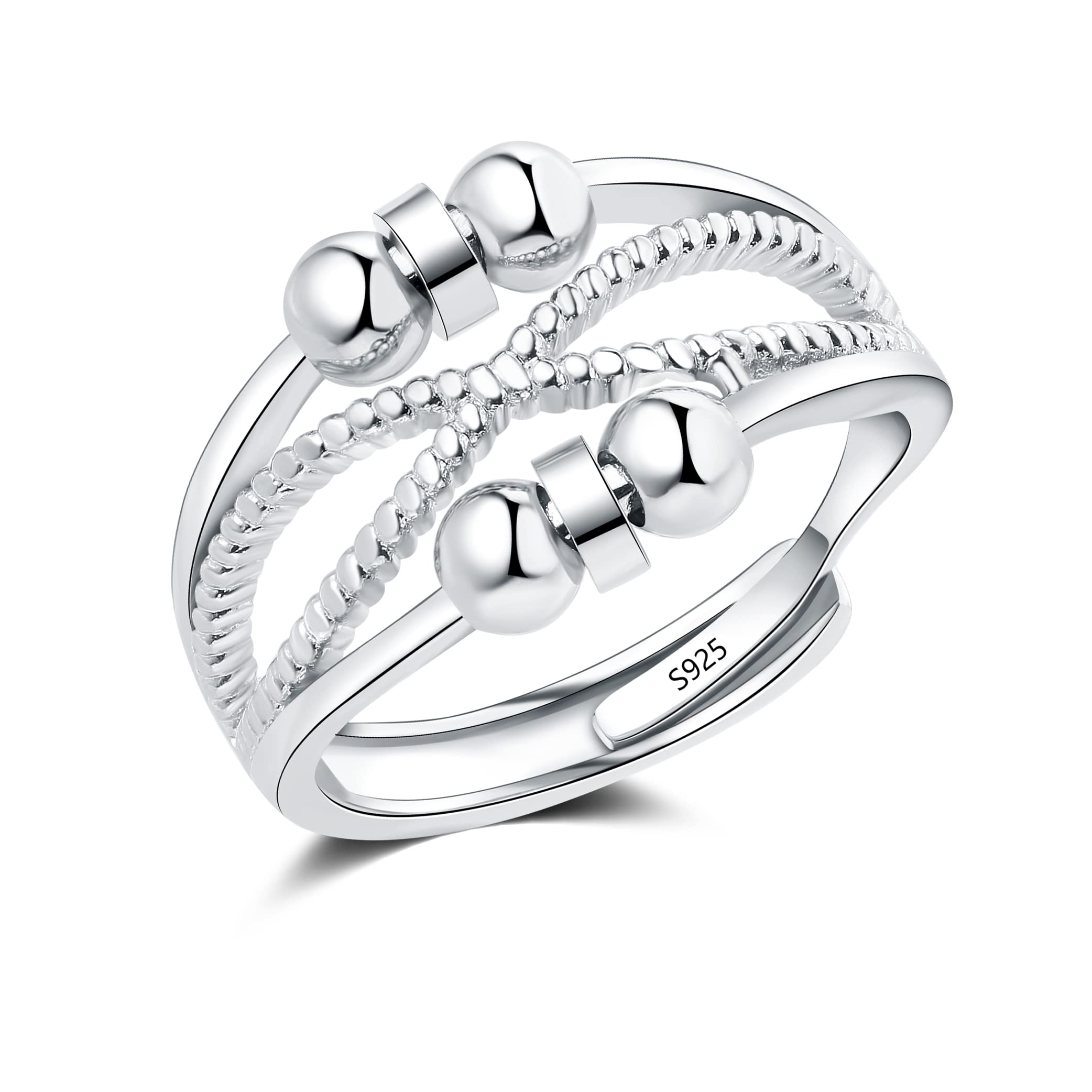 Cangall Silver Anxiety Rings, 925 Sterling Silver Anxiety Fidget Ring, Adjustable Open Anti Anxiety Rings with Beads Spinner Ring for Stress Relief, Unisex Silver Fidget Ring for Women Men