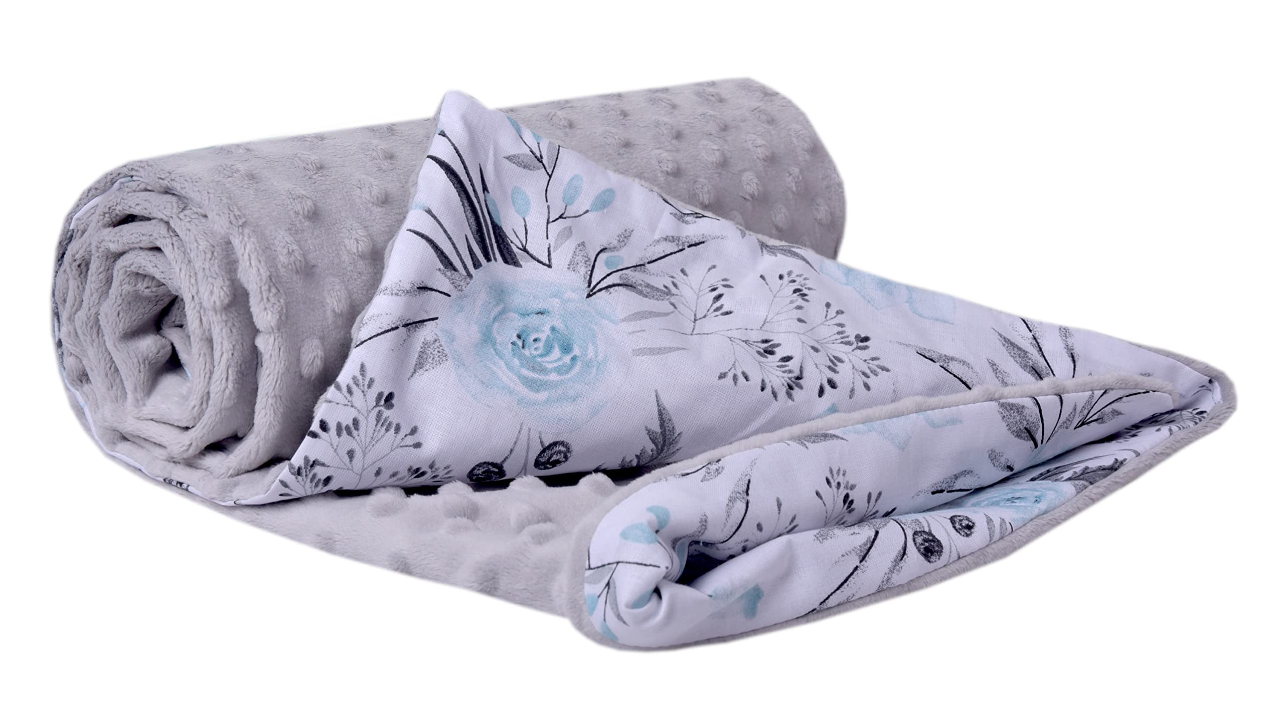 Medi Partners Crawling Blanket for Baby 100% Cotton 75x100cm Double-Sided Multifunctional Plush Cuddly Blanket for Pushchairs Soft Fluffy (Grey flowers with grey Plush)
