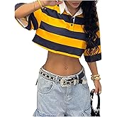 Milumia Women's Y2k Striped Button Up Collared T Shirt Short Sleeve Drop Shoulder Crop Tops