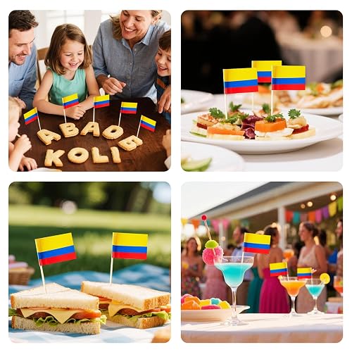 100 Stück Kolumbien-Flaggen-Zahnstocher – Mini-Cocktailpicker Mit Landesflagge | 3,5 X 2,5 Cm Fahne, 6,5 Cm Holzstab | Perfekt Für Partydeko, Cupcakes, Cocktails & Feiern