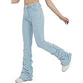 EXARUS Girls Stacked Flare Jeans High Waisted Denim Bell Bottom Bootcut Casual Kids School Ruch Pants with Pockets 8-14Y
