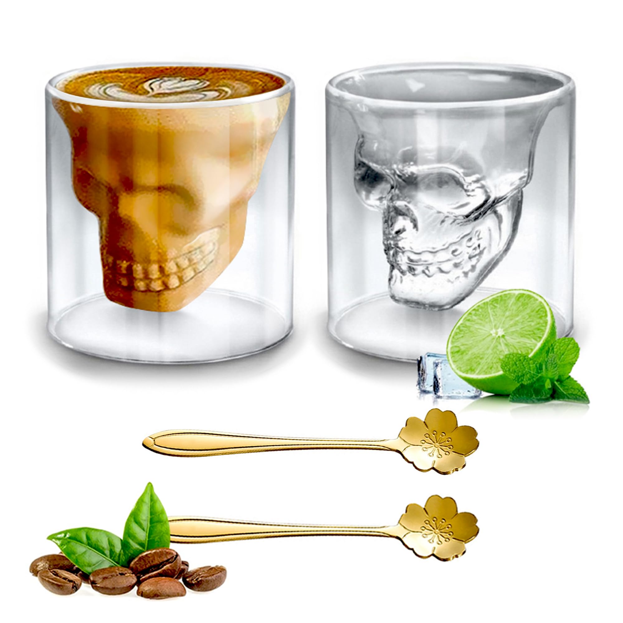 Xiuyer Coffee Cup, 250 Ml Cappuccino Cups, Coffee Glasses, Double Walled Glass Mugs, Glass Mugs, Cat Glasses, Tea Milk Juice Ice Cream, with 1 Spoons