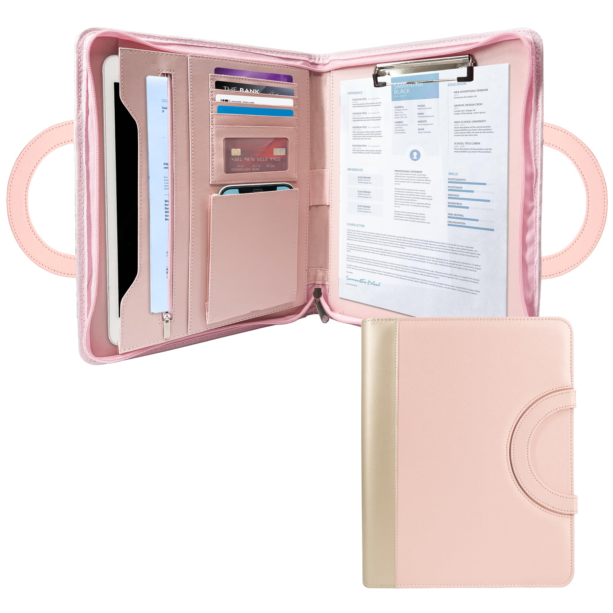 GraduatePro Conference Folder A4 Zipped Leather Clipboard Folder with Handle Portfolio Bag Business Document Waterproof Organizer Pink