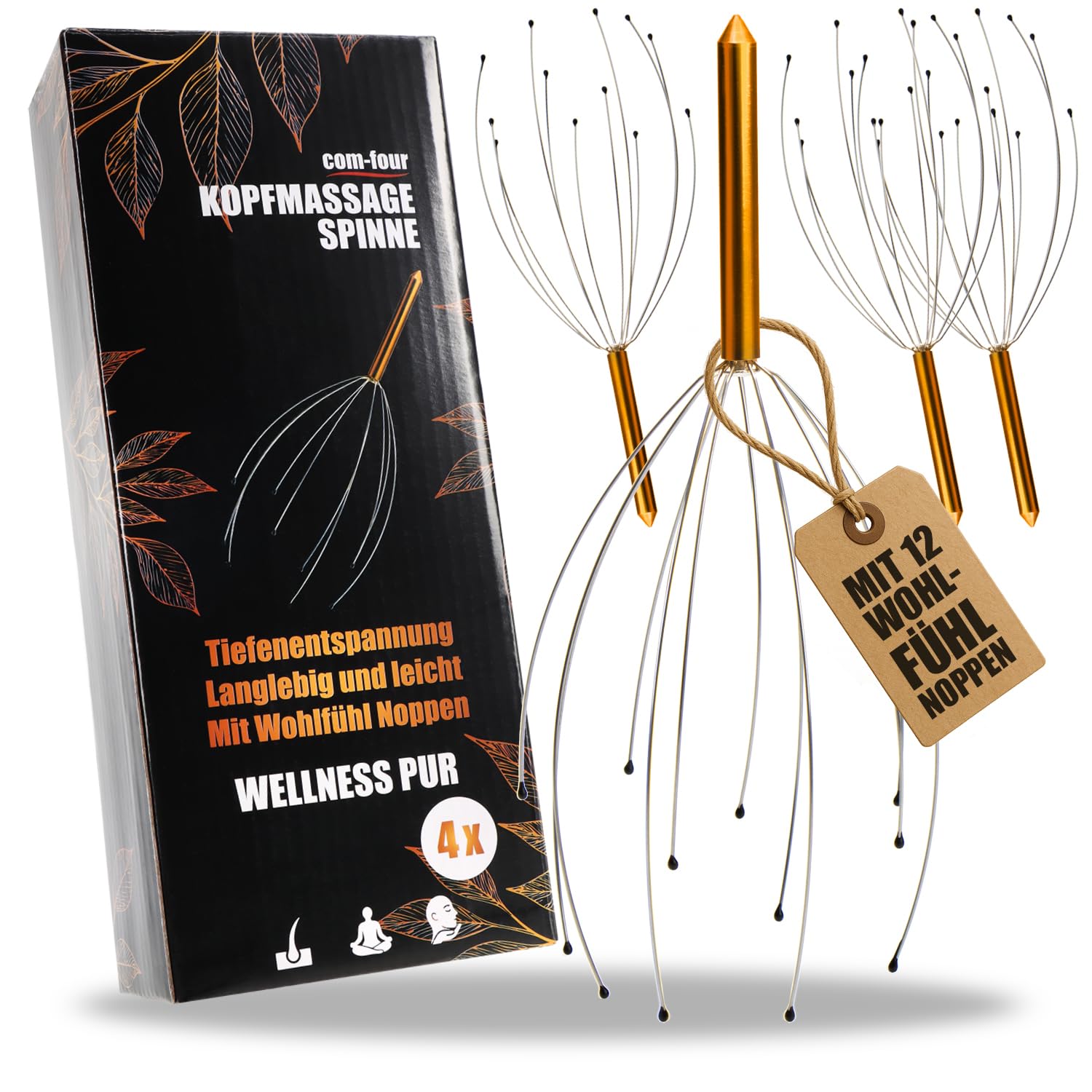 COM-FOUR® 2X Head Massage Spider with 12 Massage Fingers - Relaxation Massage Device - Head Scratcher for Relaxation - Acupressure for Better Sleep Quality (4 Pieces - Bronze Colored)