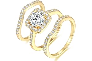 MDFUN 18K Yellow Gold Plated Cubic Zirconia Three-in-One Halo Wedding Engagement Promise Eternity Ring for Women