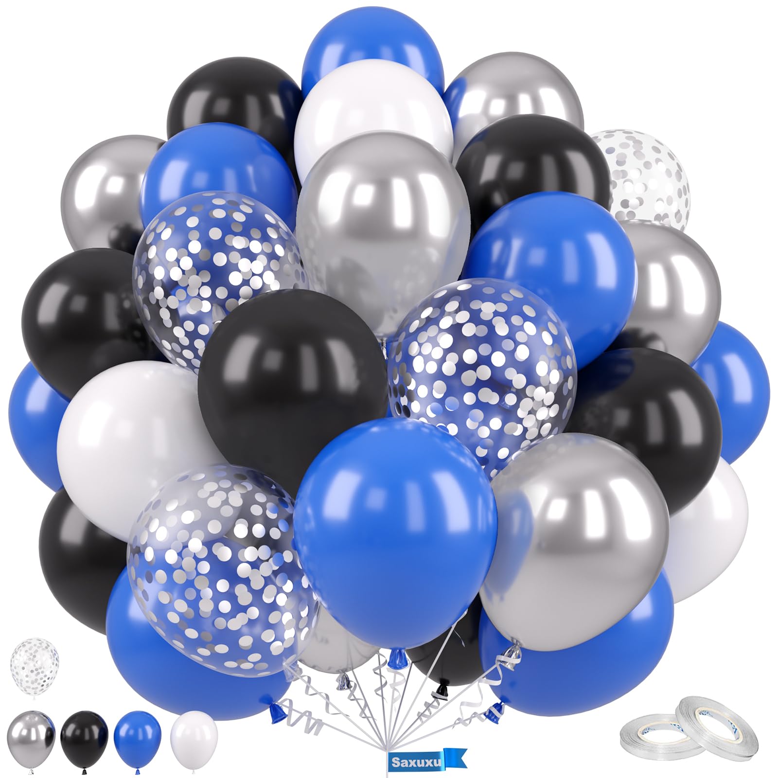 Saxuxu Blue and Black Balloons, 12 Inch Graduation Balloons, Dark Blue Black White Metallic Silver Confetti Latex Balloon for Boys Men Birthday Baby Shower Gender Reveal Graduation Party Decorations