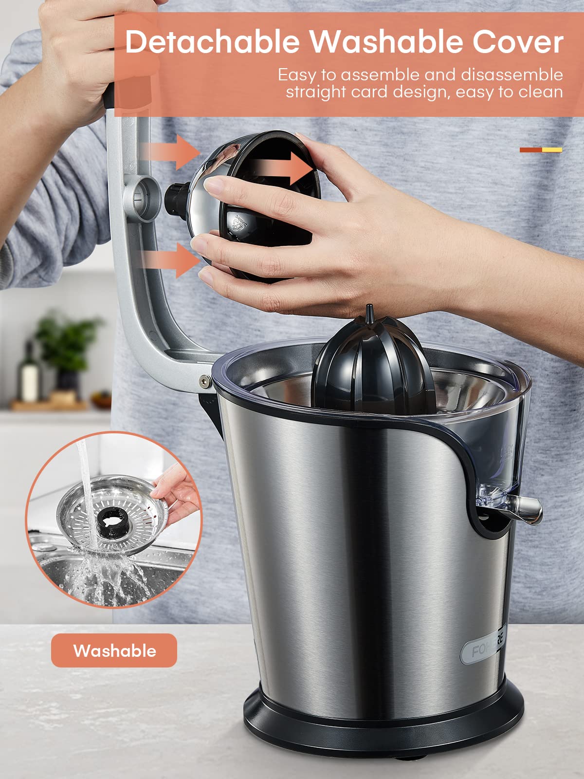 FOHERE Citrus Juicer Electric Orange Juicer with Humanized Handle and Two Size Cones for Grapefruits, Orange and Lemon, Powerful 160W Silent Motor Stainless Steel BPA-Free, Silver
