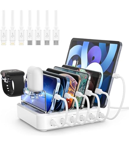 SooPii PD 20W Estación De Carga De 6 Puertos, 60W USB C Carga Rápida Para LPhone 14/13/12, 2 En 1 I Watch Holder, 6 Cables Cortos Incluidos Para Teléfonos, Tabletas Y Otros, Blanco