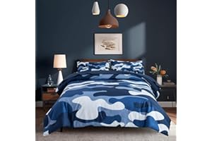 Holawakaka Twin Size Camouflage Bedding Comforter Set with Sheets, Boys Girls Men Camo Bed in A Bag 5 Pieces, Kids Teens Dorm Bed Sets Neutral Farmhouse Lodge Cabin Army Bedspread (Blue, Twin)