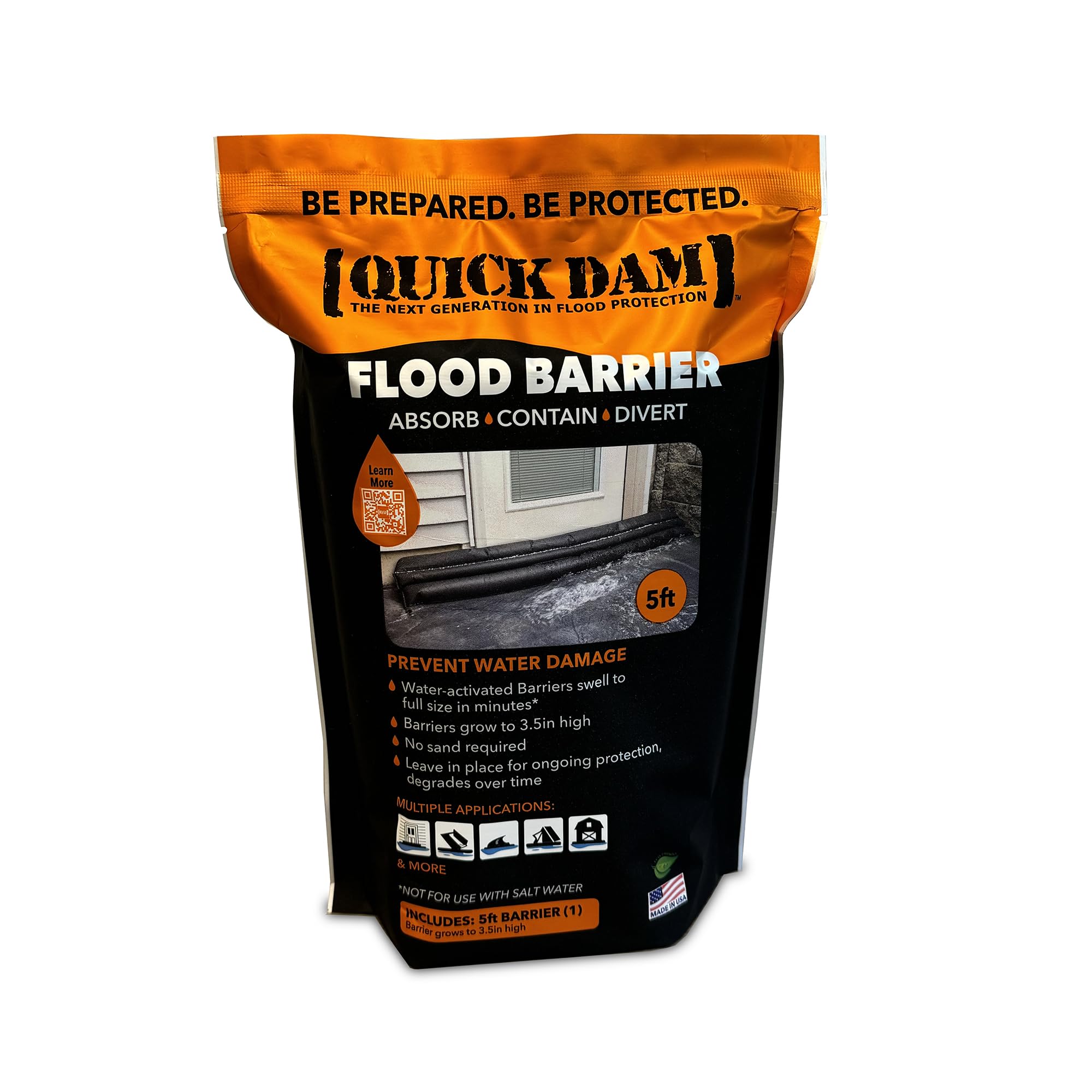 Quick Dam QD65-1 Water-Activated Flood Barrier-5 Feet-1/Pack, Black, 5'