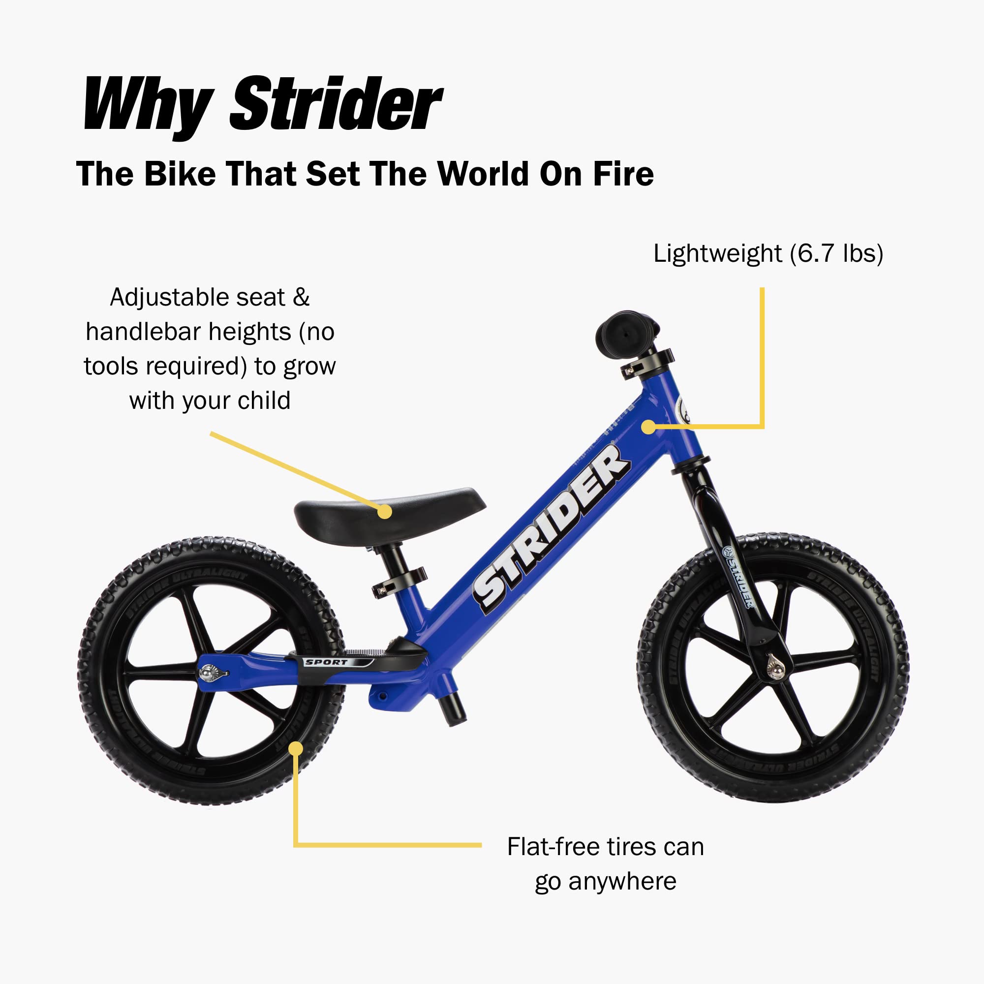 Strider 12” Sport Bike - No Pedal Balance Bicycle for Kids 1 to 4 Years - Includes Safety Pad, Padded Seat, Mini Grips & Flat-Free Tires - Tool-Free Assembly & Adjustments