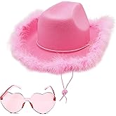4E's Novelty Cowboy Hat with feathers With Heart Shaped Sunglasses for Women, Felt Cowgirl Hat for Party Costume Dress Up