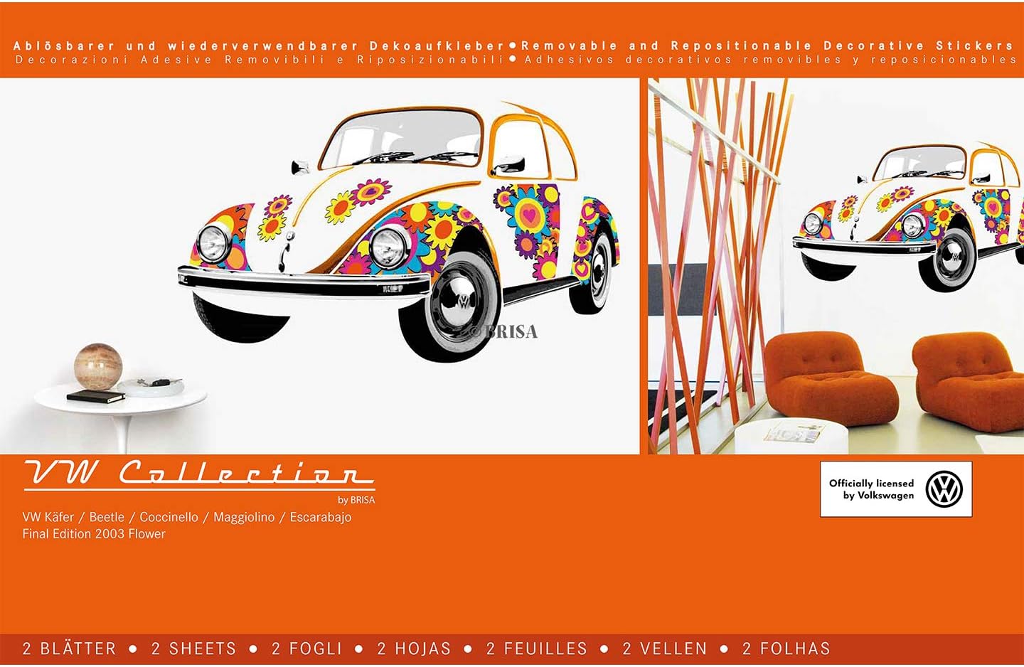 BRISA VW Collection Volkswagen Selfadhesive Wall Tattoo Sticker Decoration Poster with T1 Bus Campervan Design (Beetle/Flower) - Image 4