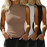 Riyiper 3 Pack Women's Sleeveless Mock Turtlenecks Shirts Lettuce Trim Ribbed Knit Slim Summer Casual Tank Tops Basic Tees