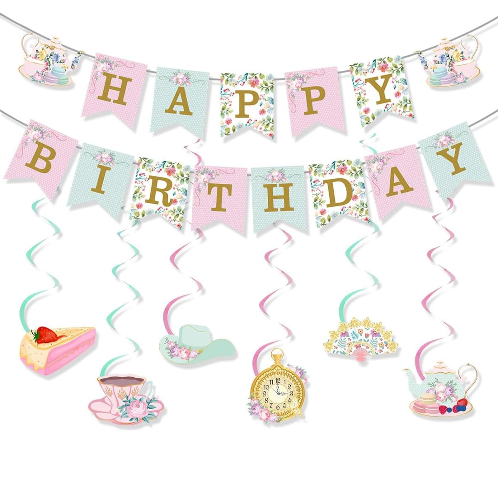 Garden Party Tea Decorations – Multicolor Afternoon Tea Hanging Decor Set – Teapot Banner and Floral Swirls for Outdoor Tea Party & Home Events