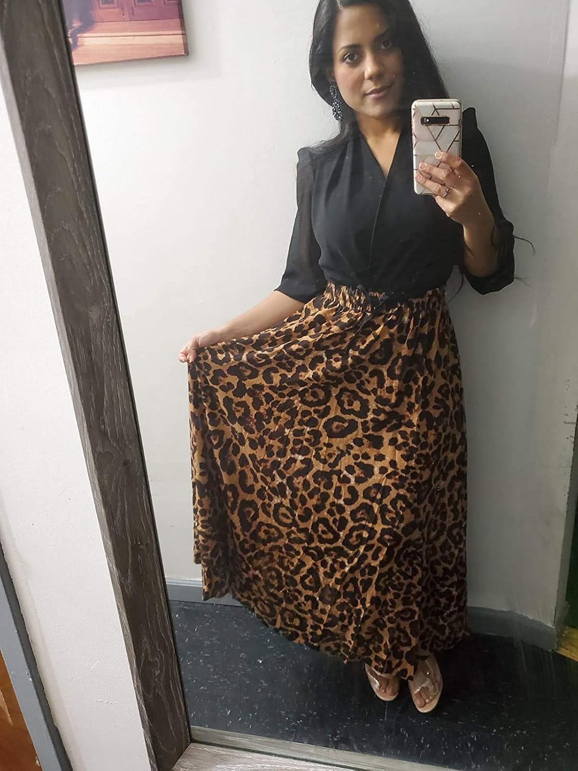 Womens Maxi Skirt Leopard Print Chiffon Beach Pleated High Waisted A-Line Long Skirts: Clothing