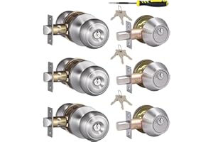Lanwandeng (3 Sets) All Keyed Same Entry Door Knobs with Single Cylinder Deadbolt for Exterior Door Use, Satin Nickel Finish Round Ball Door Entry Locks