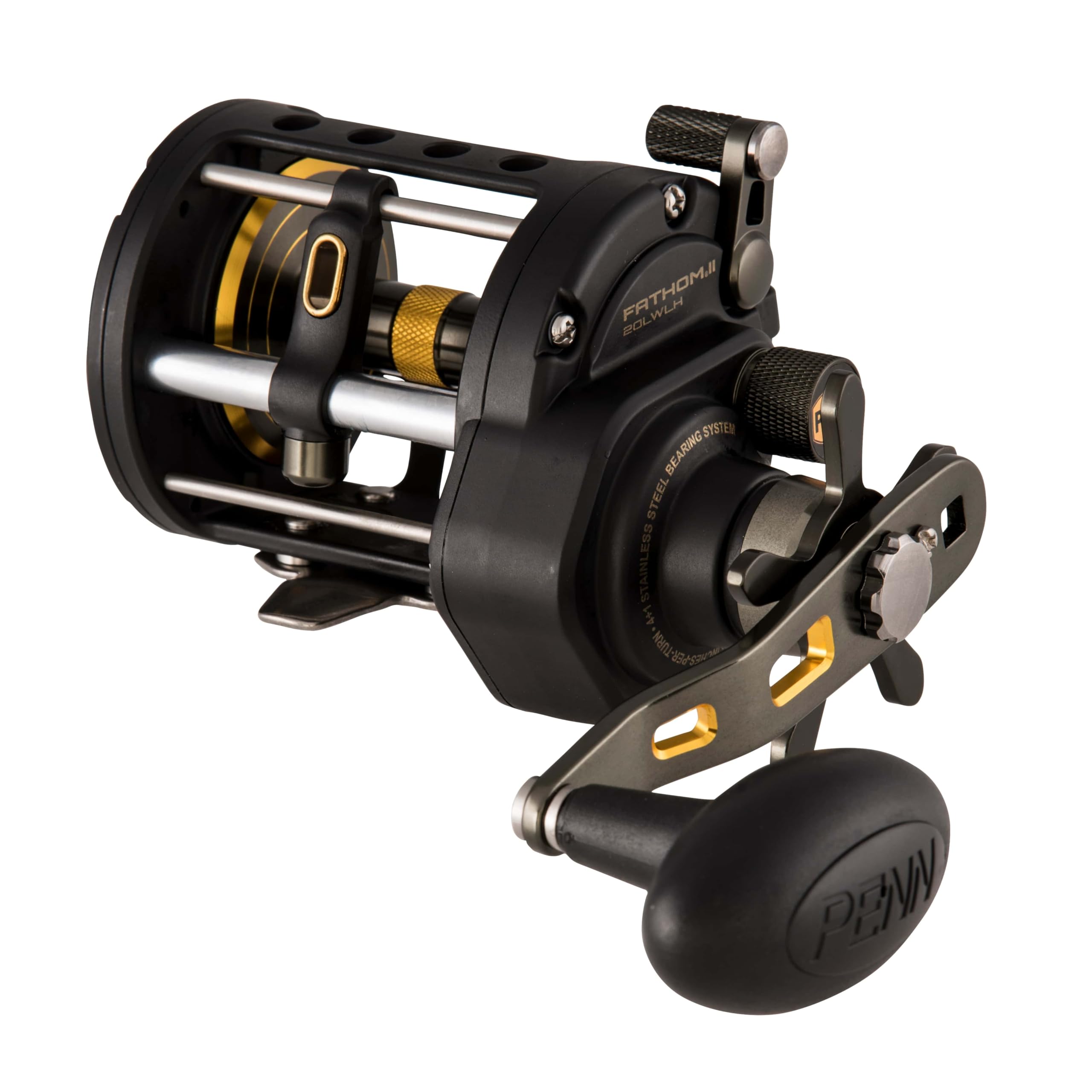 PENN Fathom® II Level Wind, Saltwater Fishing Reel, Conventional Reels, Sea - Nearshore/Lake Fishing, Shore and Kayak Fishing, Unisex, Black Gold, 20 | Left Hand
