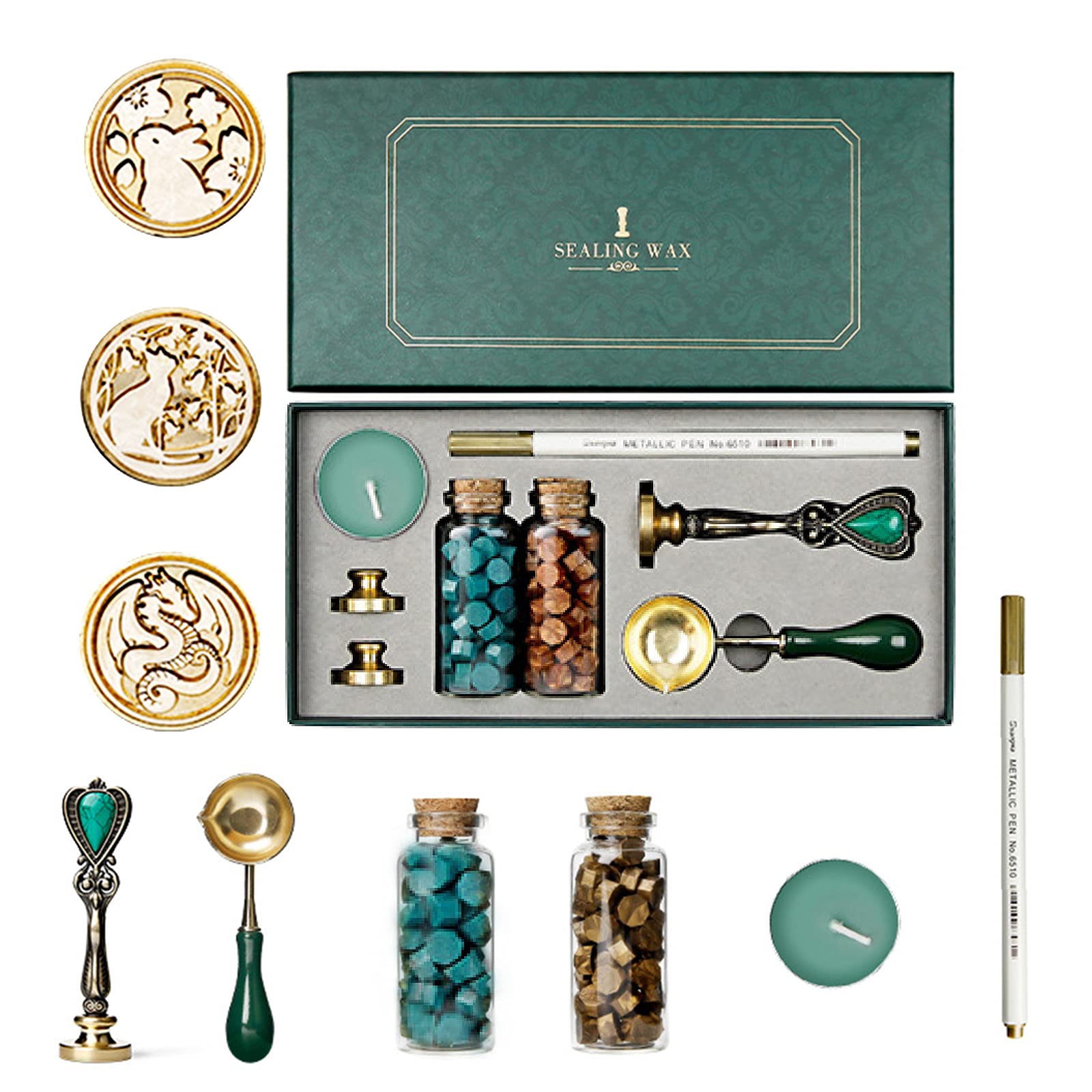 Joyeee Wax Seal Stamp Kit with Gift Box, 8pcs Wax Stamp Seal set with Candles, Melting Spoon, Wax Seal Beads, Classic Sealing Wax Seal Stamp and Metallic Color Pen for Wedding, Cards, Invitations #49