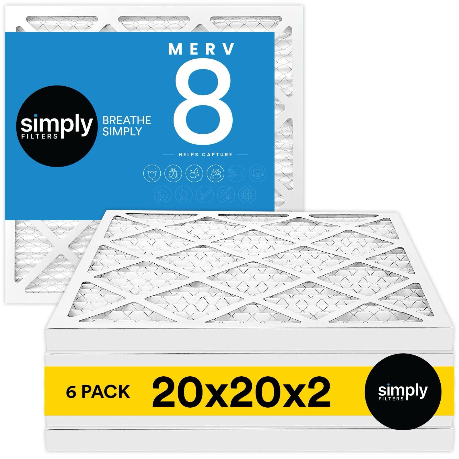 Simply 20x20x2 Air Filter, MERV 8, 6 Pack, Furnace Air Filter for HVAC (Actual Size:19.5"x19.5"x1.75") DUST, Pet, & Allergy Control Image