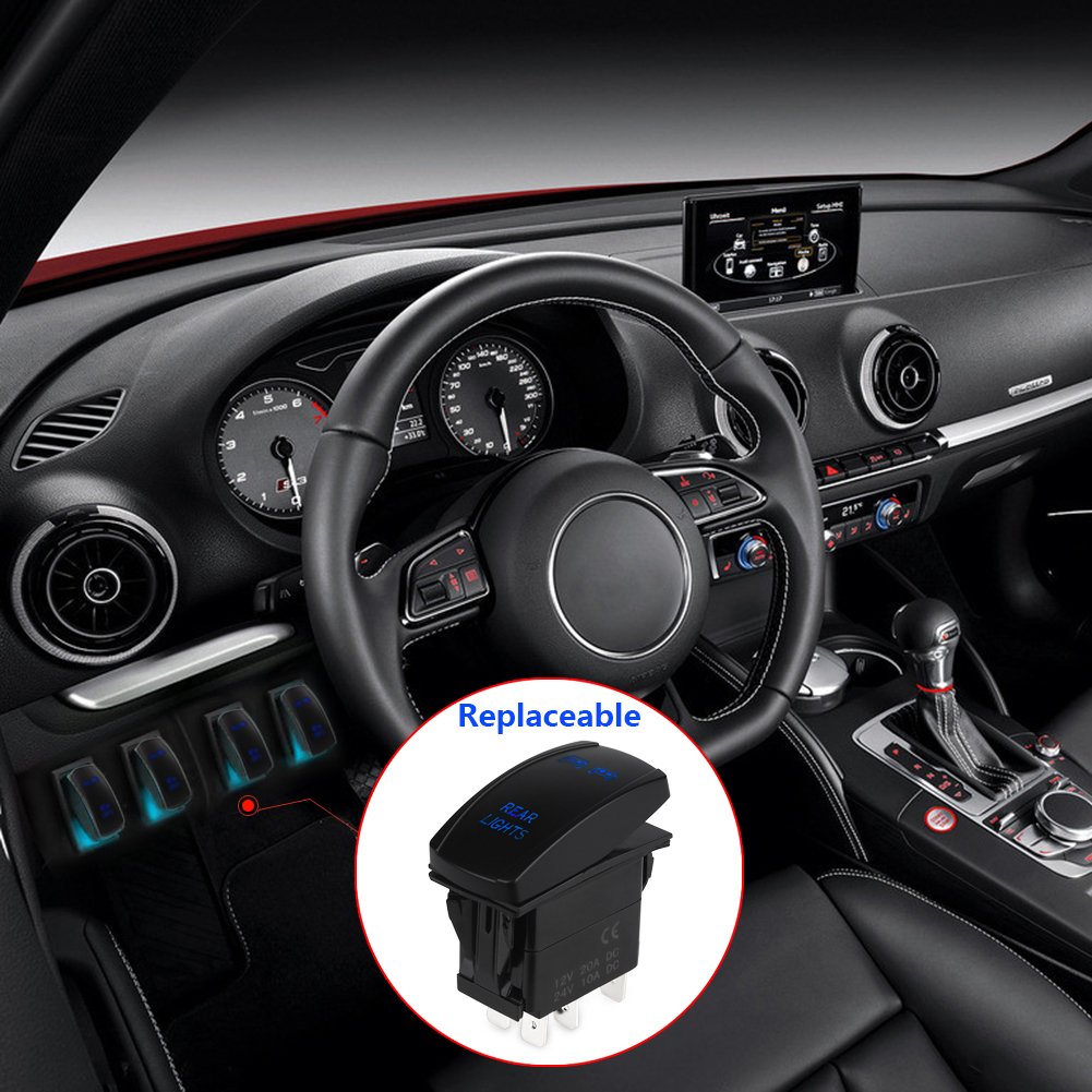 WATERWICH 5 Pin Rear Lights Illuminated Rocker Toggle Switch Waterproof with Jumper Wires Set DC 20A 12V/10A 24V Black Shell/ON-Off SPST Rocker Switch for Auto Truck Boat Marine RV Off Road