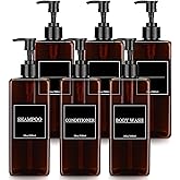 Tanlade 6 Pcs Shampoo and Conditioner Dispenser Bottles 16oz Modern Shower Soap Bottles with Pump, Labels and Marker Pen Easy to Refill Body Wash Dispensers for Home Bathroom Decoration(Brown)
