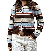 GORGLITTER Women's Striped Crop Swater Cardigan Holiday Outfits Cozy Long Sleeve Button Up Crewneck Knit Sweater Dressy