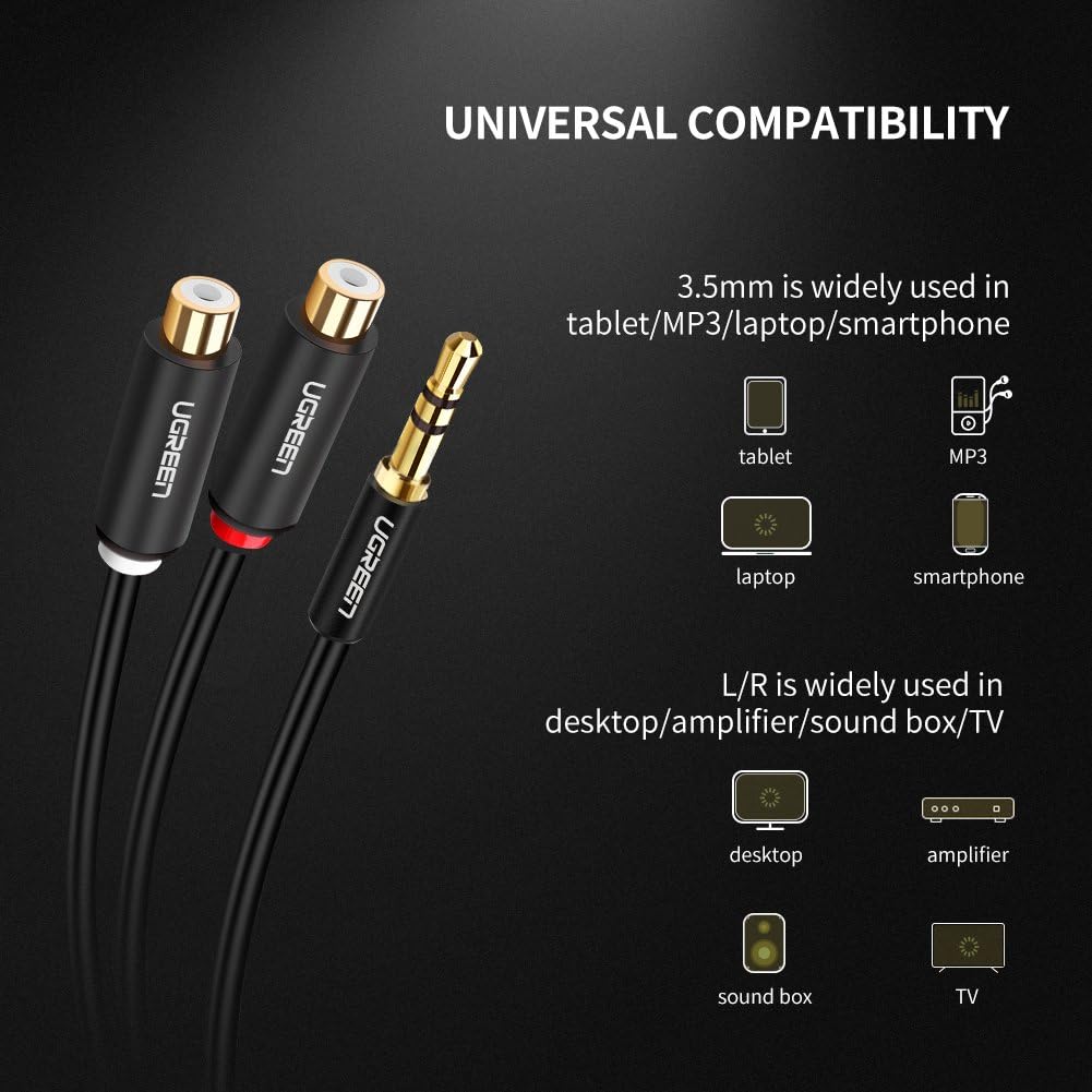 UGREEN 3.5MM Male to 2 RCA Female Jack Stereo Audio Cable Y Adapter Gold Plated Compatible for iPhone, iPod, iPad, MP3, Tablets, HiFi Stereo System, Computer Sound Speaker: Electronics