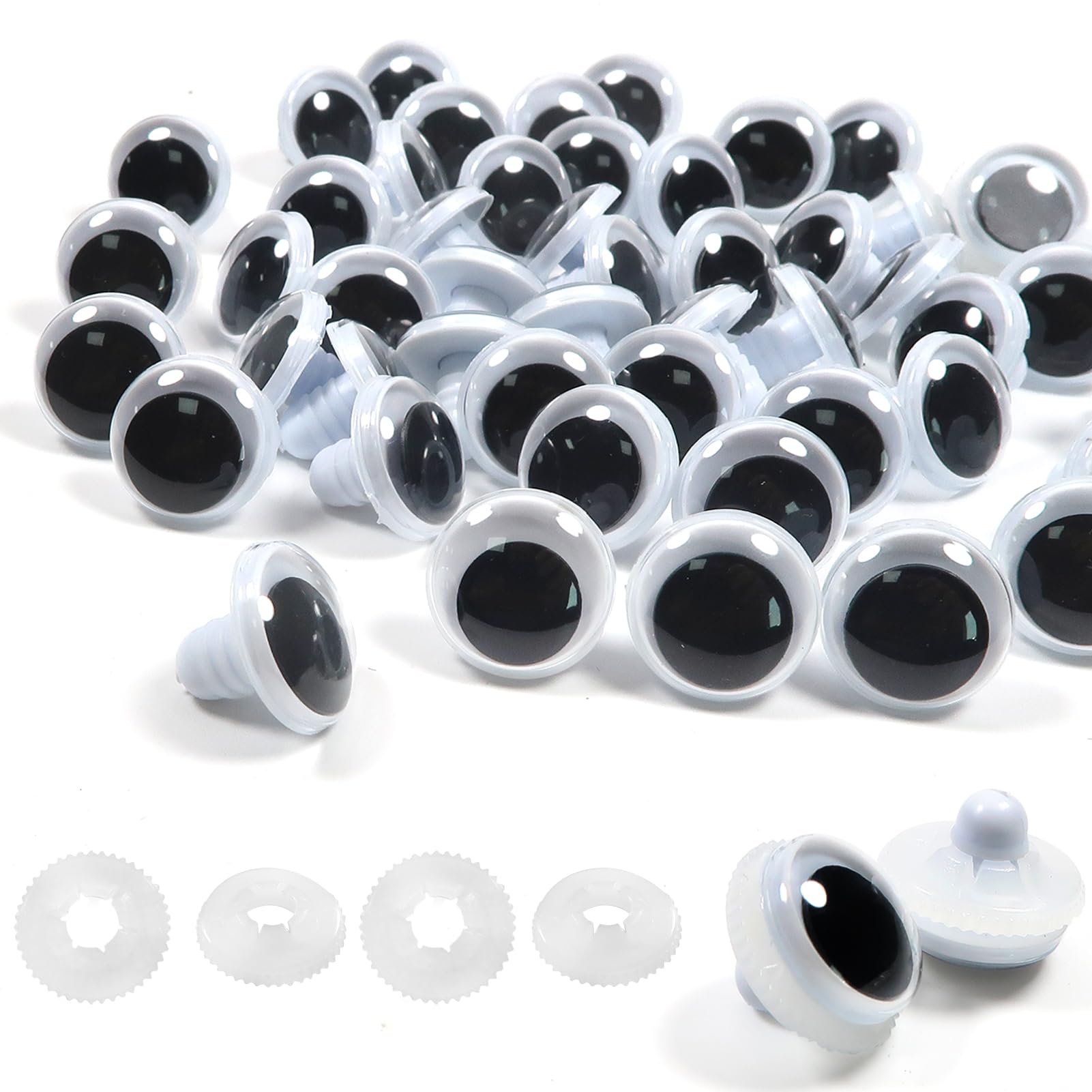 TOAOB 50pcs Wiggle Googly Eyes 15mm Black White Plastic Safety Eyes Craft Eyes with Washers for Soft Doll Making Plush Animals Crochet
