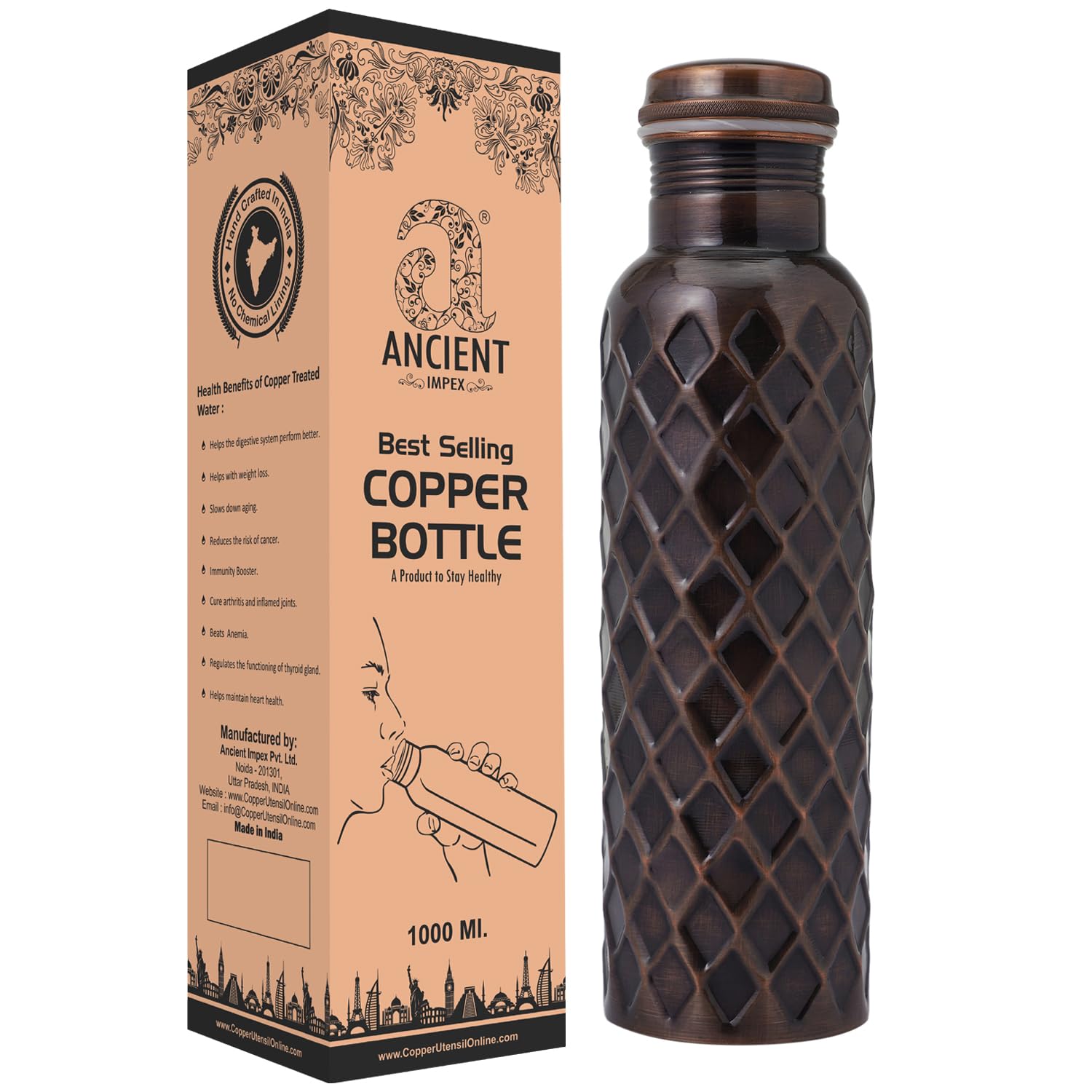 ANCIENTIMPEX Copper Bottle PREMIUM ANTIQUE, DIAMOND Finish, Holds 950 Ml (32.12 Fl Oz) Capacity For Ayurveda Health Benefits