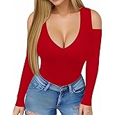 HERLOLLYCHIPS Womens Long Sleeve Tops Deep V Neck Cold Shoulder Tight Fitted Sexy Casual Fall Winter Tee T-Shirts