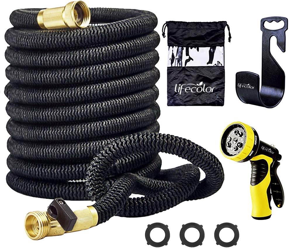 Lifecolor 50' Expanding Hose Stretch Hosepipe, 9 Functions Sprayer, Strongest Expandable Garden Hose With Double Latex Core, Solid Brass Connector and Extra Strength Fabric for Car Garden Hose Nozzle