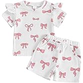 NZNDSHD Toddler Baby Girl Clothes Summer Bow Print Short Sleeve T-Shirt Tops Pockets Shorts Set Waffle Knit Outfit