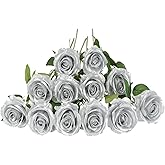 Laelfe 12 PCS Artificial Flowers Silver Roses, Silk Flowers Fake Long Stem Artificial Roses for Home Wedding Bathroom Kitchen Decorations (Silver)