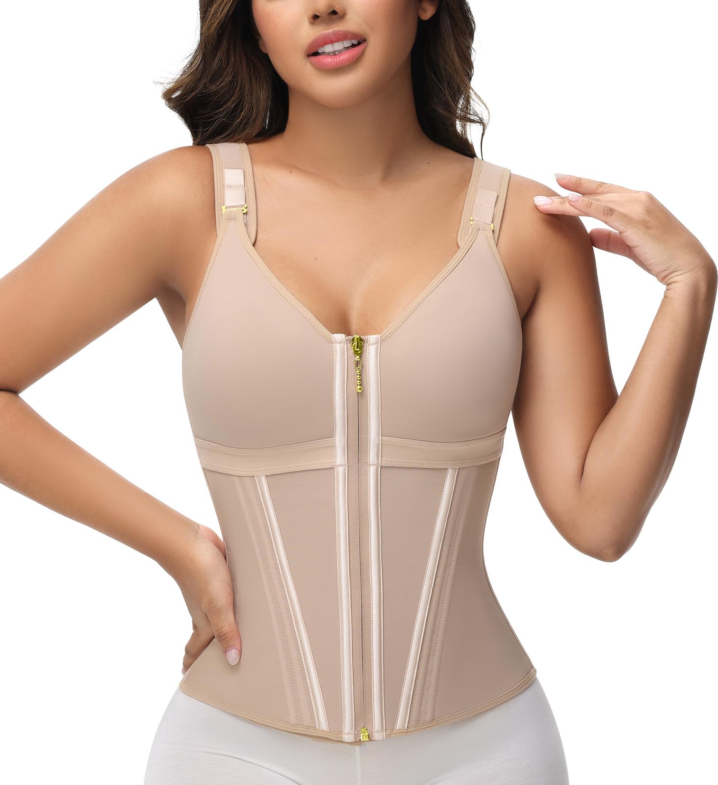 Photo 1 of SHAPSHE Waist Trainer Corset for Women Tummy Control Sport Workout Body Shaper Vest for Women Postpartum Gym Zipper and Hooks Tan