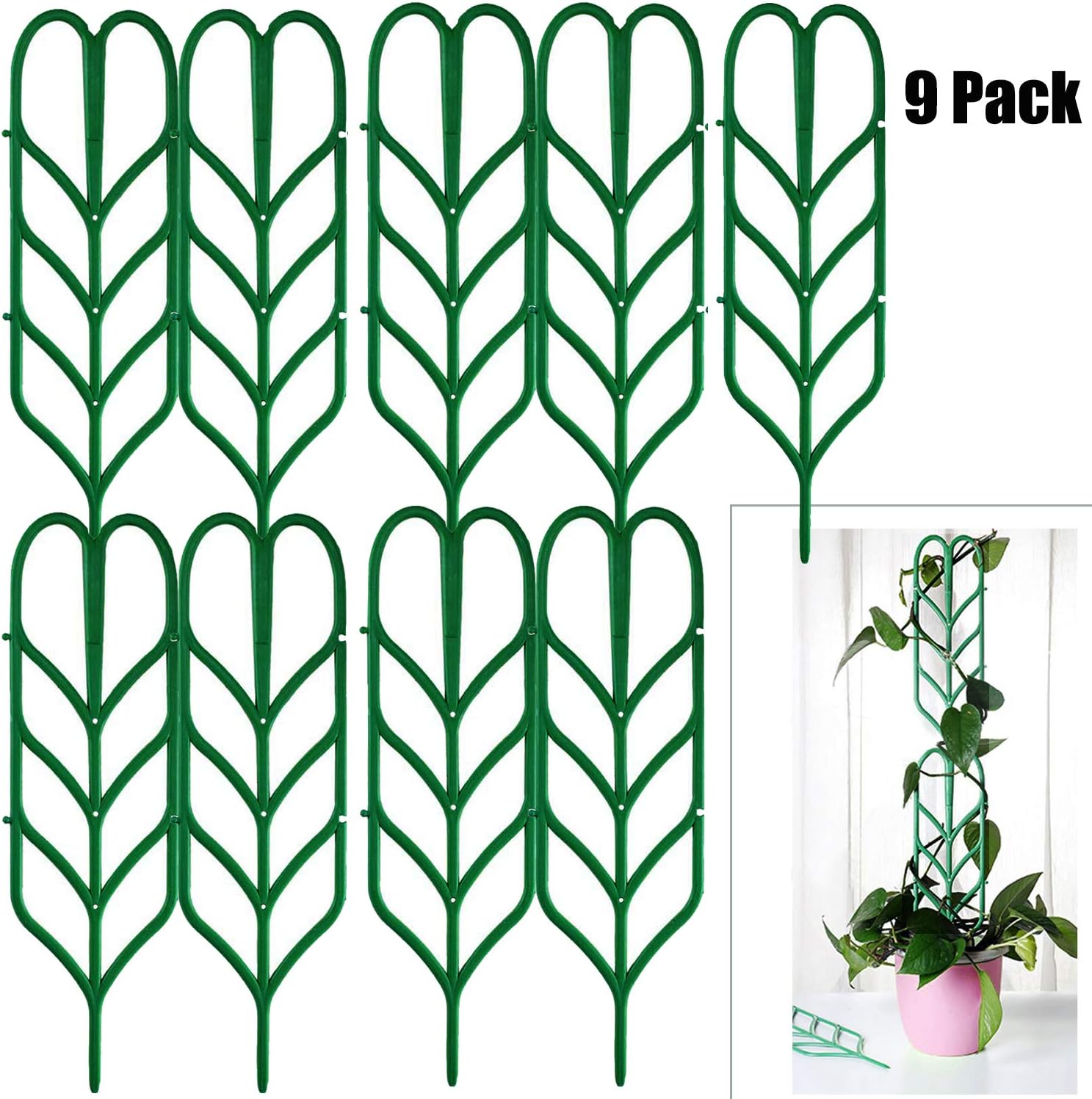 Jashem Garden Trellis 9 PCS Plastic Indoor Trellis for Potted Plants Green Stackable Leaf Shape Mini Climbing Plant Stakes DIY Flower Pot Support for Pea Vegetable Clematis