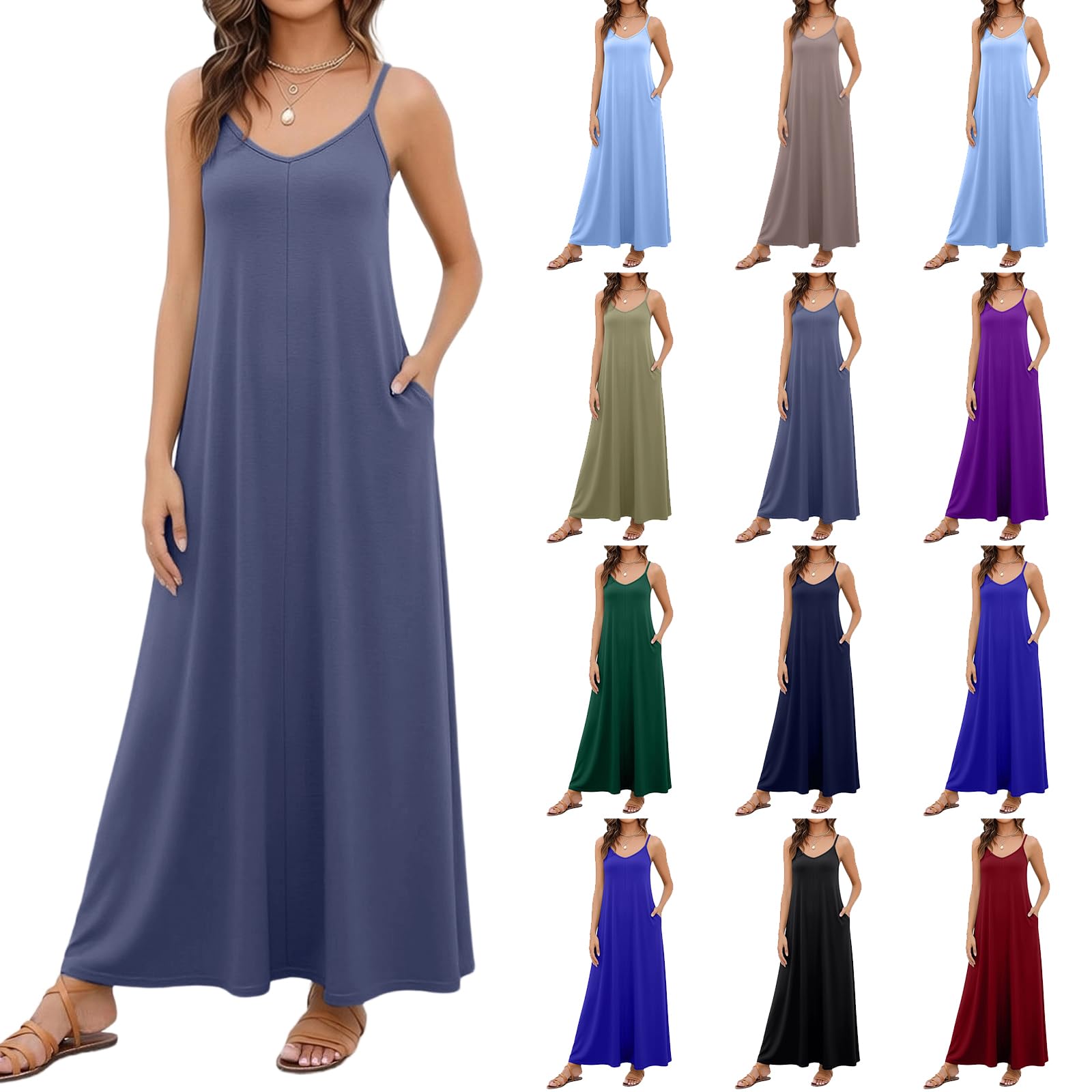 Women's Solid Color Cami Lounge Dress with Pockets Spaghetti Strap Maxi Dress Back V Neck Brunch Outfits for Women Mexican Dress Vestido de Playa Mujer