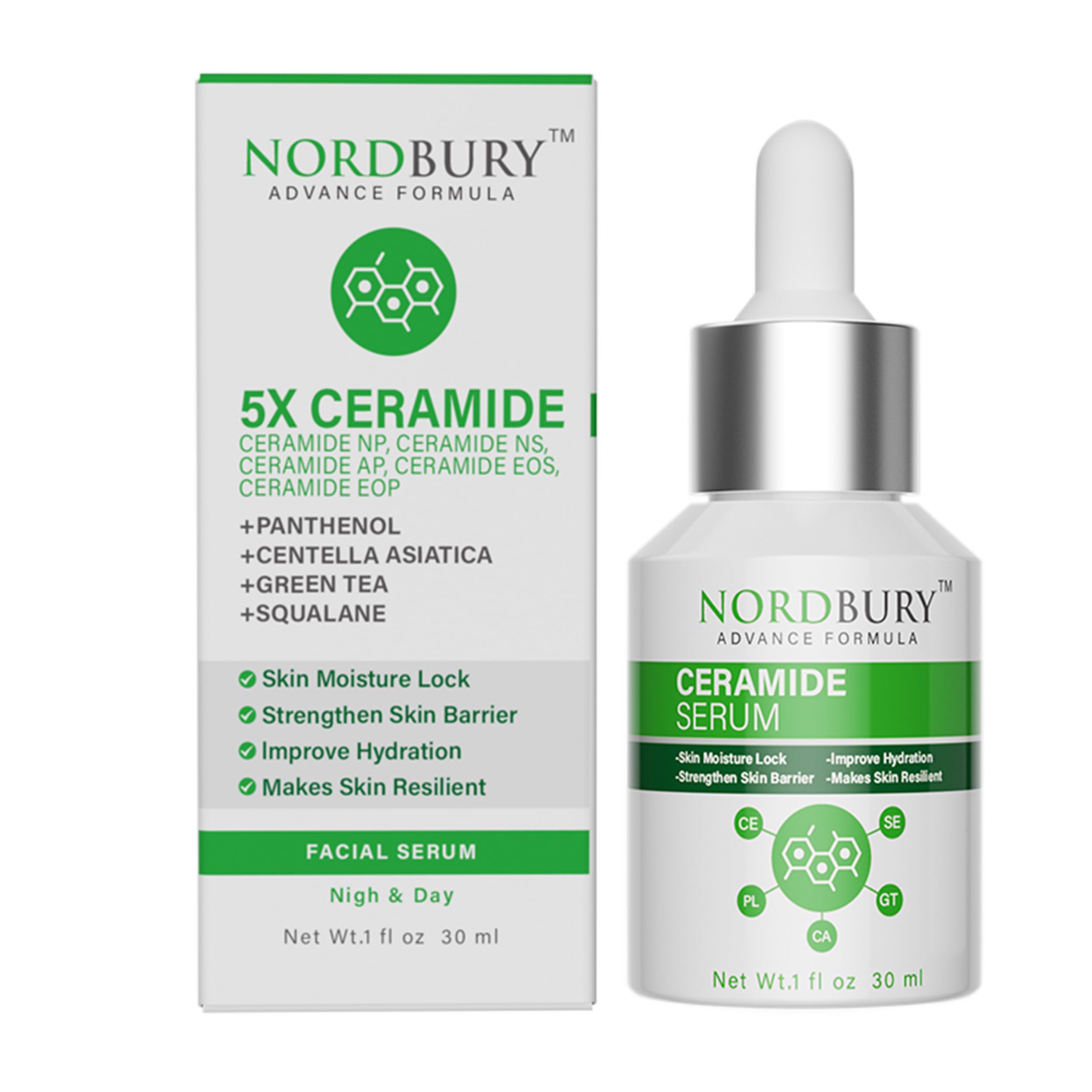 NORDBURY Ceramide Serum, 5X Ceramide with Panthenol Centella Aisatica Green Tea & Squalane, Skin Moisture Lock Strengthen Skin Barrier Improve Skin Hydration & Resilience Day and Night