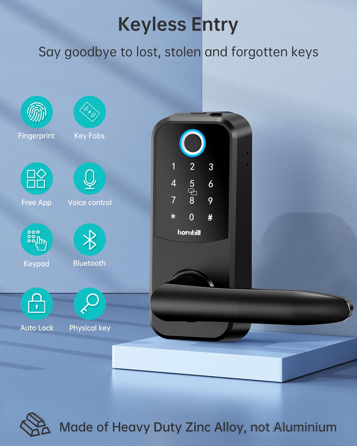 Hornbill Smart Lock Keyless Entry with Handle - Fingerprint Door Locks for Front Door - Keypad Electronic Digital Biometric Bluetooth Passcodes, Works with Alexa, App Control Touch Screen,Auto Lock
