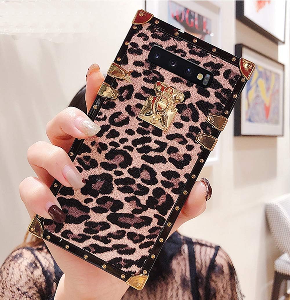 KAPADSON for Samsung Galaxy s10 Plus Newest Leopard Design TPU+ PU Leather Gold Square Corner Back Case Flexible Cover - Pink